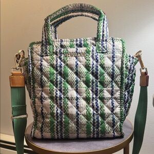 MZ Wallace Mini Box Tote Summer Plaid with green strap